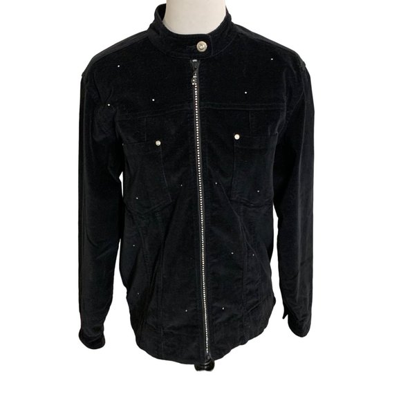 Quacker Factory Corduroy Rhinestone Jacket Size S Black Edgy Trucker Biker Sexy - Picture 12 of 12